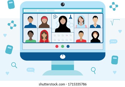 Muslim school,  traditional Arabian Islamic clothes. E-learning concept. Online education. woman teacher and children on laptop screen. Trendy flat vector illustration. Online meeting via group call. 