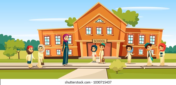 Muslim School Vector Illustration Cartoon Children And Teacher Going To School. Woman Teacher And Pupils Kids In Traditional Arabian Islamic Clothes And Schoolbags At Schoolyard