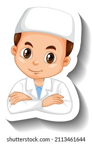 Muslim scientist boy cartoon character sticker illustration