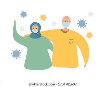 Muslim senior couple and Coronavirus cells. Elderly Islamic people and Coronavirus infection. Protect old people from Covid-19. Vector illustration on healthcare and medicine for elder generation.