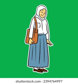 muslim senior high school girl carrying sling bag cartoon illustration