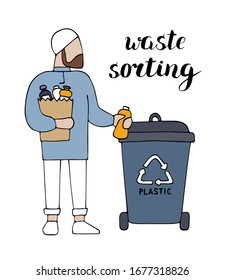 Muslim separates garbage vector illustration isolated on white background. Waste sorting lettering. Say no to plastic concept. Trash container for plastic. Zero waste lifestyle. 