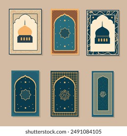 Muslim shalat prayer mat icon set