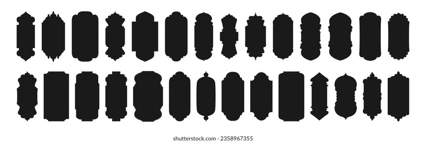 Muslim shape with black set vector islamic door and window. Arabian text box, muslim shape arch. Ramadan kareem silhouette icon. Design element. Flat vector illustration. 