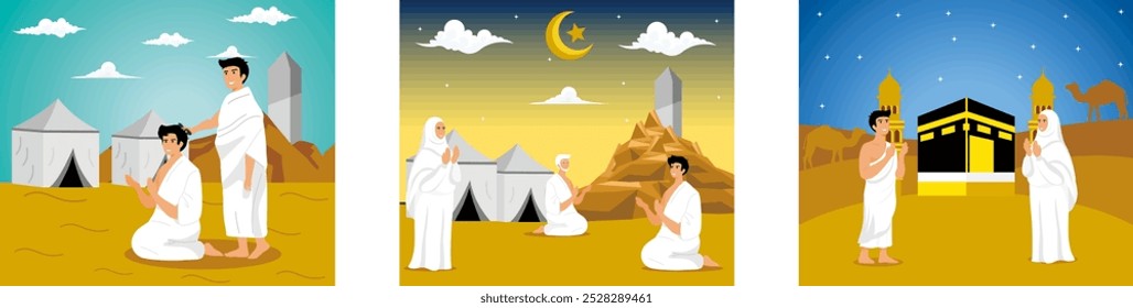 Un musulmán afeita o recorta el cabello. Los personajes del Hajj hombre y mujer usan ropa de ihram.  Peregrinación islámica rezando por el hajj marroor. Conjunto de ilustración moderna de Vector plano 