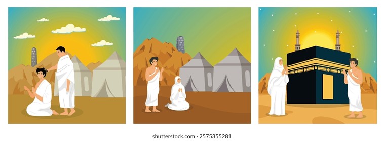 A Muslim shave or trim hair. Pilgrims Pray on the hill of arafah. Men and Women Hajj wearing ihram clothes near the Kaaba. Set flat vector modern illustration 