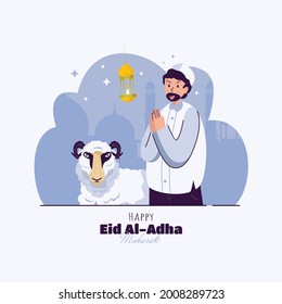 A Muslim with a sheep cartoon illustration for Eid Mubarak greetings