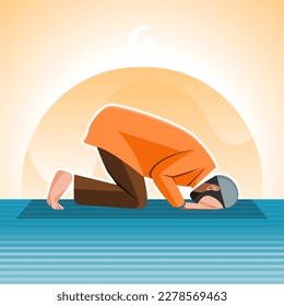 A Muslim is sholat praying or prostrating in the mosque flat illustration