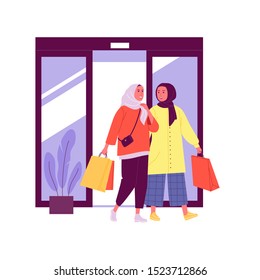 Muslim shopping girls. Vector illustration of two young Muslim women walking from the mall. Cartoon flat style characters. Isolated on background.