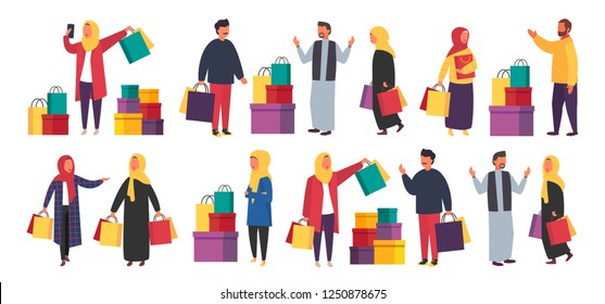 Muslim shopping women and men with purchases. Crowd of arab or asian people with shopping bags during sale in mall. Hijab fashion vector characters set.