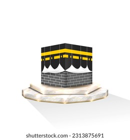 Muslim shrine of Sharif Kaaba, in form of cubic construction in courtyard of mosque in Mecca. Prayer place, communion with God through the Koran and holy speeches. Vector illustration.