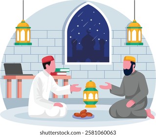 Muslim Sitting on Floor with Dates Meals concept, Sharing Stories After eftar vector Icon design, observing ramadan Eid al-Fitr Banner, Muslim fasting month scene, Arabic holidays illustration