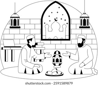 Muslim Sitting on Floor with Dates Meals concept, Sharing Stories After eftar vector Icon design, observing Ramazan Eid al-Fitr sign, Muslim fasting month story, Arabic holidays illustration