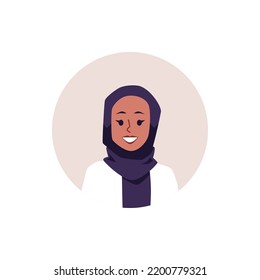 Muslim smiling woman in hijab portrait or avatar, flat vector illustration isolated on white background. Muslim arabian female character in circle frame.