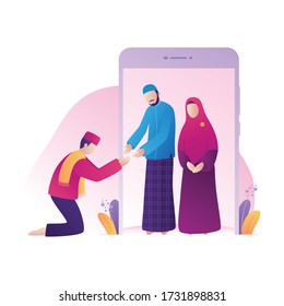 Muslim son shakes hands apologizing to parents for celebrating Eid al-fitr. Eid Mubarak with flat cartoon character illustration
