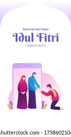 Muslim son shakes hands apologizing to parents for celebrating Eid al-fitr with potrait banner illustration