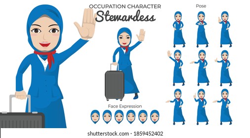 Muslim Stewardess Character Set with Variety of Pose and Face Expression