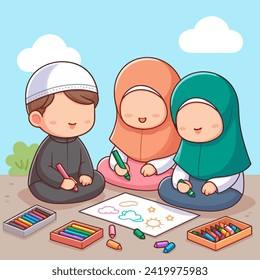 Niños estudiantes musulmanes aprenden a dibujar y a colorear con lápices de colores y lápices de papel sin rostro