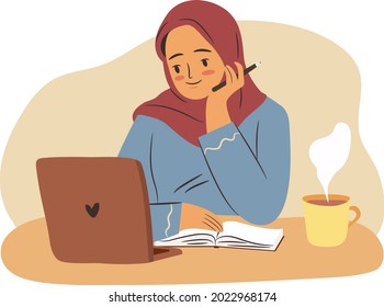 Muslim student girl with laptop studying. Young arab woman in hijab at computer with a cup of tea or coffee. Hand drawn flat illustration.