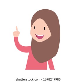 muslim student understands problem and finds successful solution, vector cartoon characters illustration. young woman pointing upwards.