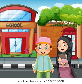 Muslim students in front of school illustration