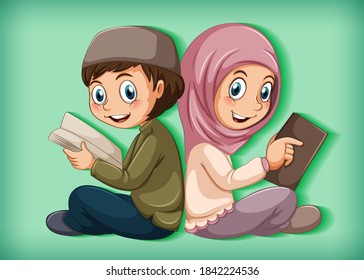 Muslim students reading the book illustration