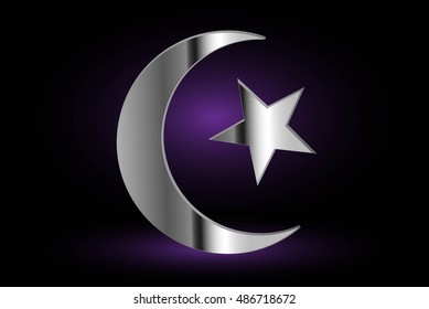 Muslim symbol ,Islam Symbol ,Crescent and Star,  icon of Islam  on a purple background ,