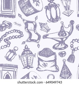 Muslim Symbols - vintage vector hand drawn seamless tileable pattern. Realistic zakat al-fitr, dates, beads, drum, lamp, prayer rug, flying magic carpet, lantern. Islamic culture.