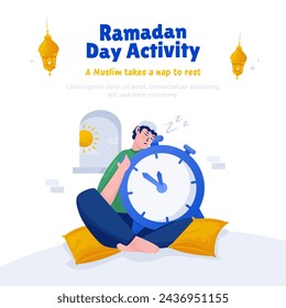 A muslim takes a nap during ramadan day illustration for greeting card