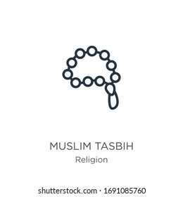 Muslim tasbih icon. Thin linear muslim tasbih outline icon isolated on white background from religion collection. Line vector sign, symbol for web and mobile