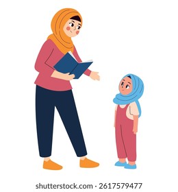Muslim Teacher Guiding Hijab Girl Education Classroom Reading Learning Instruction Female Support Educator Explanation