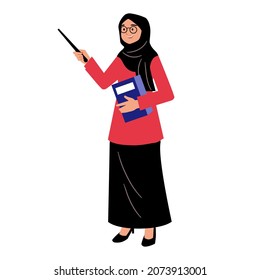 Muslim teacher, professor hooding book and pointer at school, college or university. Woman Muslim Teacher wearing hijab Vector illustration of flat design people characters.