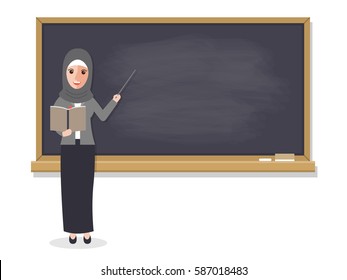 Muslim teacher, professor standing in front of blackboard teaching student in classroom at school, college or university. Vector illustration of flat design people characters.