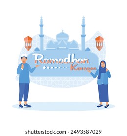 Muslim teenage couple saying Ramadan greetings. Standing against the backdrop of the mosque and lanterns. Ramadan Kareem concept. Flat vector illustration.