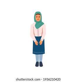 Muslim teenage girl in hijab headscarf national cloth isolated cartoon female student. Vector pretty arab fashion religious woman in skirt, turkish child, middle eastern school or college teenager