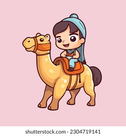 Muslim themed Cartoon Vector, Little Child Riding a Camel for Eid Al Adha Celebration