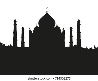Muslim tomb in Agra city, built by Mughal emperor Shah Jahan for his wife Mumtaz. Black ink hand drawn icon symbol sketch in art retro style. Panoramic view with space for text on white sky background