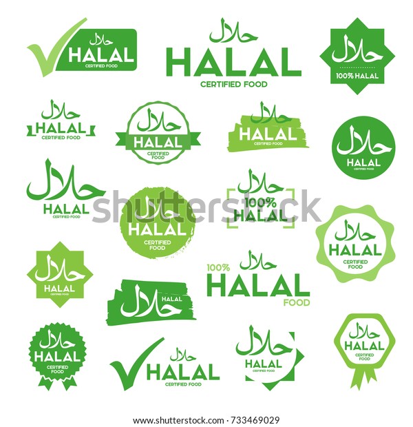 Muslim\
traditional halal food labels vector color set. Badges, logo, tag,\
and label. Suitable for banner, flyer, trade\
mark…