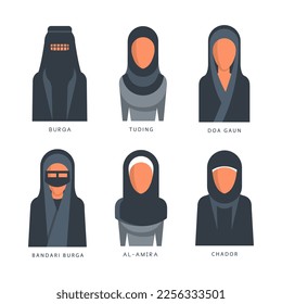 Muslim Traditional Hijab Type Arab Models with Inscription Vector Set