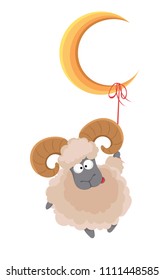 Muslim traditional holiday Eid al-Adha. Sacrifice a ram. Greeting card for Kurban Bayrami with a ram hanging on moon. Vector illustration on white background.