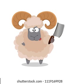 Muslim traditional holiday Eid al-Adha. Sacrifice a ram. Greeting card for Kurban Bayrami with a ram holding meat cleaver. Vector illustration on white background.