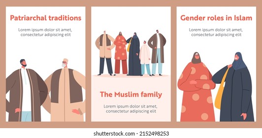 Muslim Traditions Banners, Parents, Grandparents and Child, Young and Old Family Characters. Arab People Wear National Clothes. Islamic Culture, Arabian Traditions. Cartoon Vector Illustration Posters