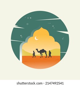 Muslim traveler, walking with camel