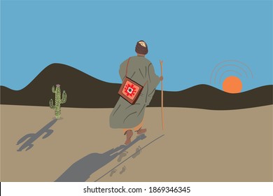 Muslim traveler walking on dry soil and desert The man is walking toward sunset direction with the saddlebags and scepter. the man is wearing a turban and robe. Cactus in the desert