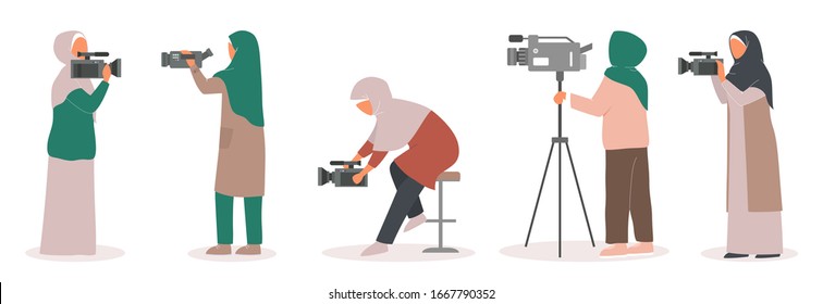 Muslim TV journalist camerawoman set. Character with camera shooting interview. Social media. Isolated vector illustration in cartoon style