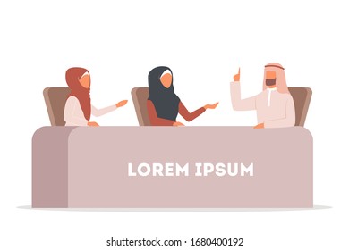 Muslim TV news. Beautiful female reporter interviewing arab businessman in studio. Isolated vector illustration in cartoon style