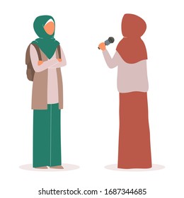 Muslim TV news. Beautiful female reporter interviewing arab businesswoman. Studio for show. Isolated vector illustration