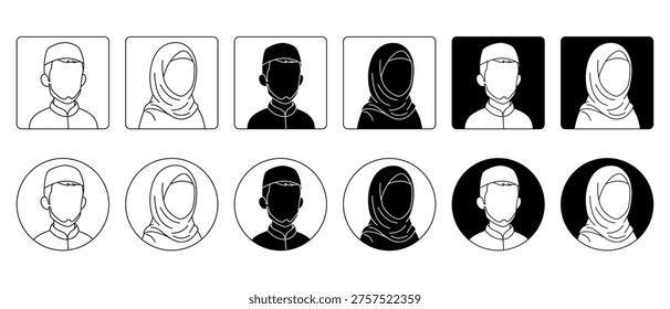 Muslim User Profile Avatar Icon Set, Diverse Faceless Islamic Male and Female Character Headshots in Outline and Glyph Styles, Professional Flat Vector Illustration for Web and App UI Design.