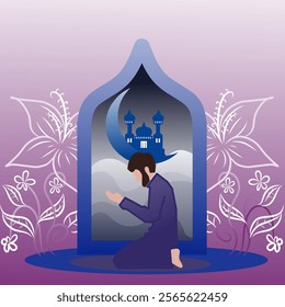 muslim vector design praying with colored islamic background