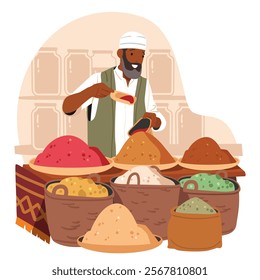 Muslim vendor man cartoon character selling exotic spices in sacks and baskets at oriental street market stall vector illustration. Traditional eastern village marketplace, arabic shop bazaar scene